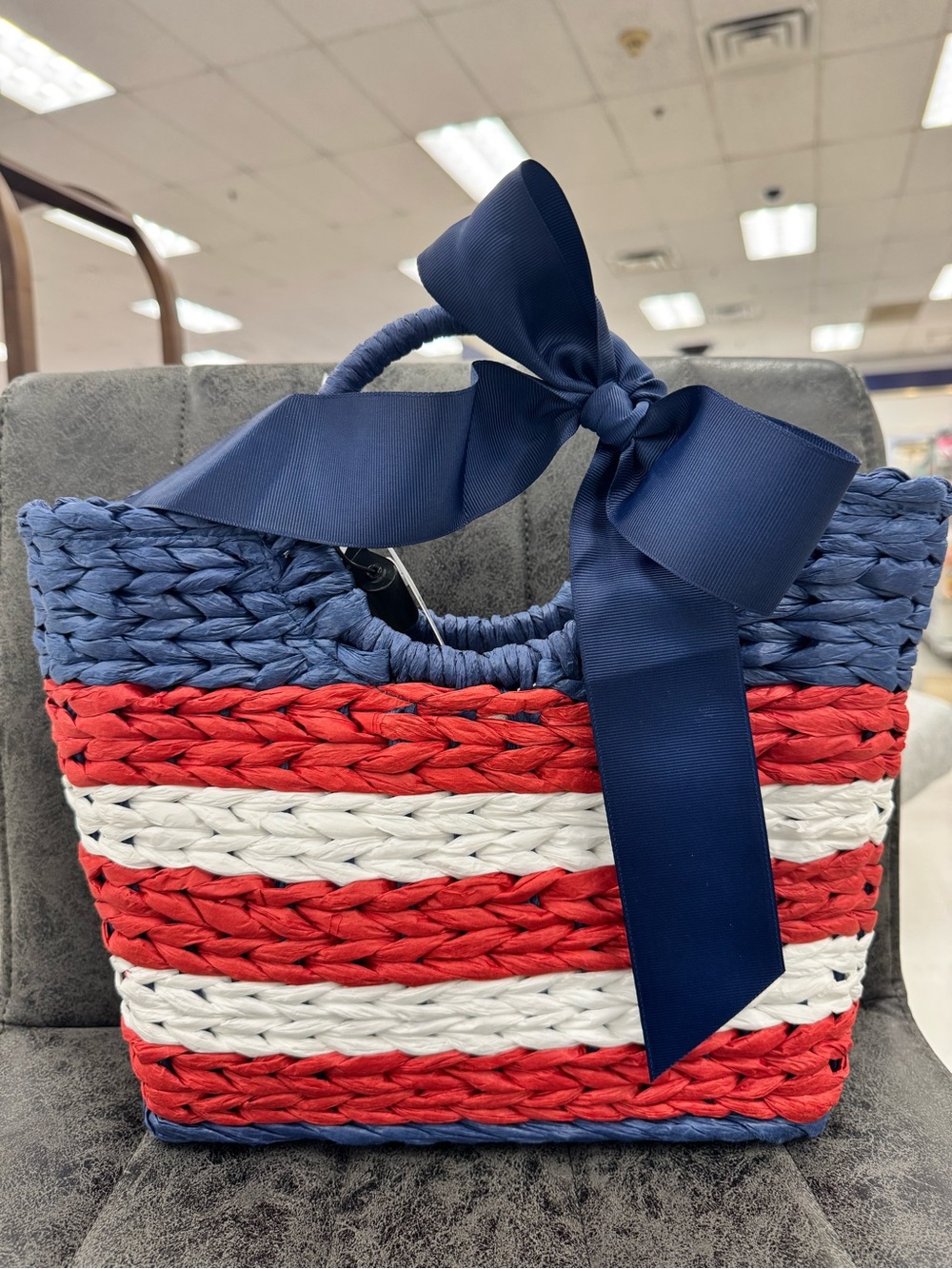 Striped Woven Tote with Navy Bow - Blue Red White